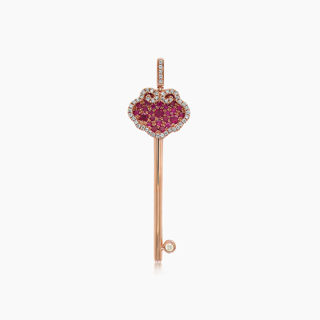 Ruby & Fancy Diamond Pave Set 18K Rose Gold Key Pendant