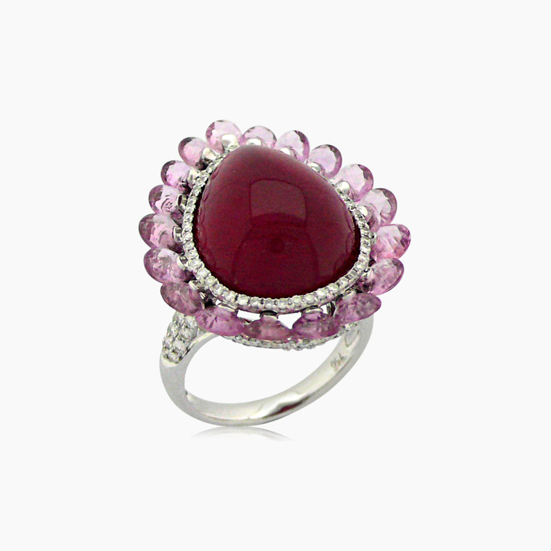 Pear Shape Red Ruby & Pink Sapphire & White Diamond Halo 18K White Gold Ring