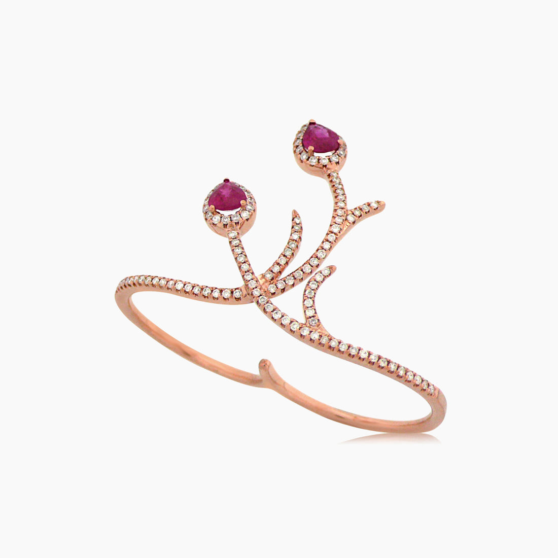 Red Ruby & White Diamond 18K Rose Gold Peacock Double Finger Ring