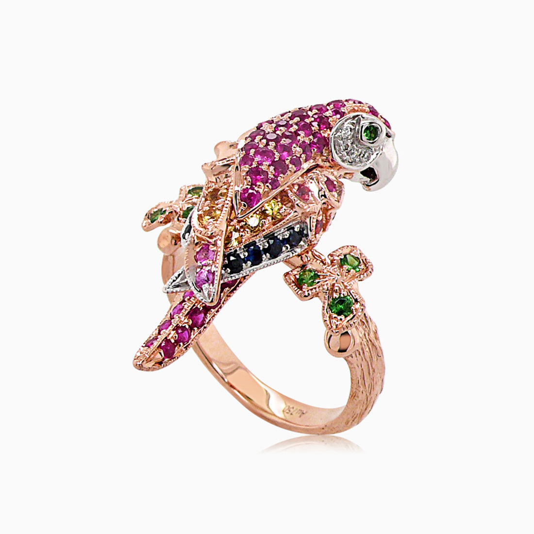 Parrot Ruby Pink Sapphire Diamond & Multi-Sapphire Garnet 18K Rose Gold Ring