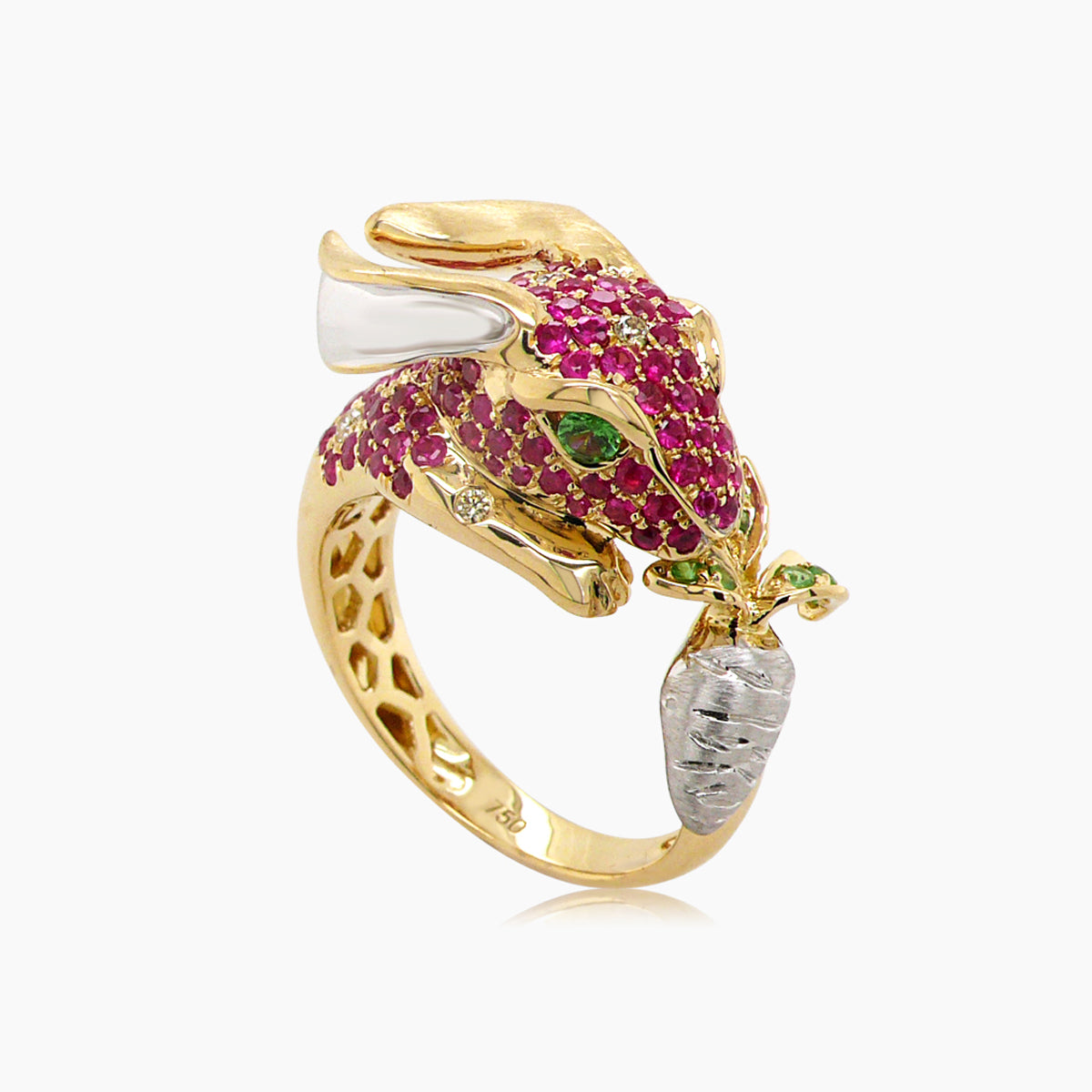 rabbit bunny ruby fancy diamond & garnet 18k yellow gold animal ring