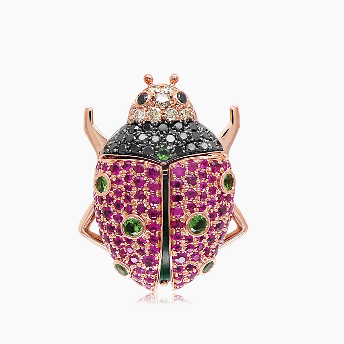 Ladybug Bug Pink Ruby & Black Diamond Pave & Green Gem 18K Rose Gold Insect Ring