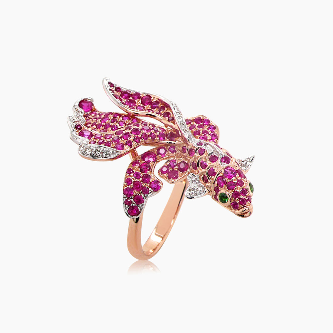 Sea Koi Fish Ruby & Diamond Pave & Green 18K Rose Gold Animal Ring