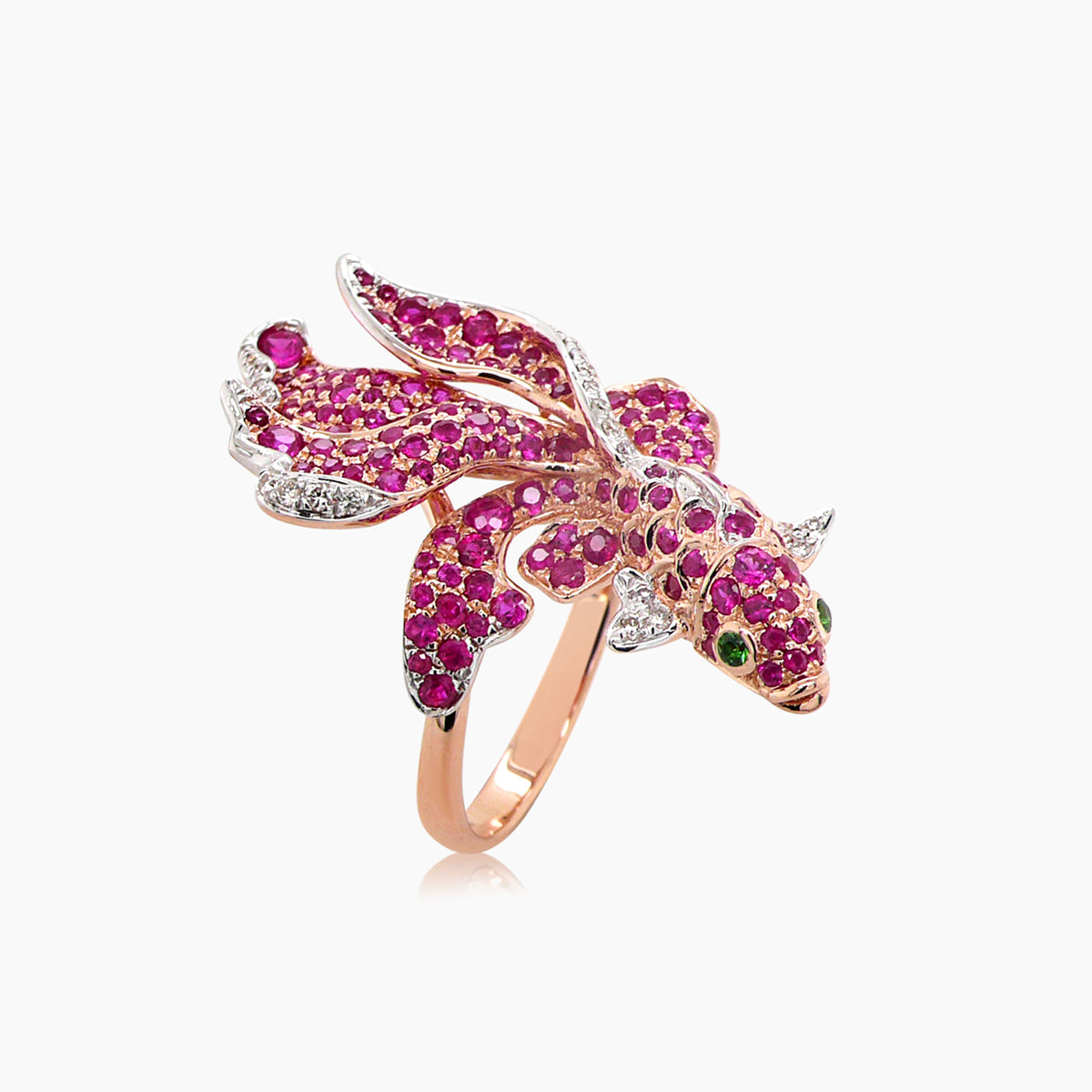 sea koi fish ruby & diamond pave & green 18k rose gold animal ring