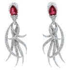 Red Pink Tourmaline Long Feather Diamond Drop 18k White Gold Earrings
