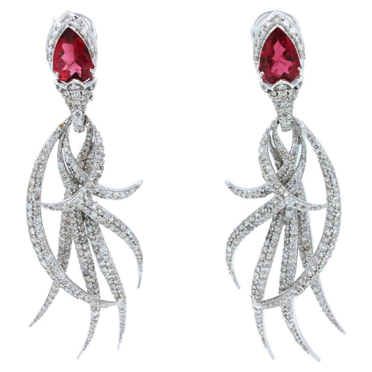 Red Pink Tourmaline Long Feather Diamond Drop 18k White Gold Earrings