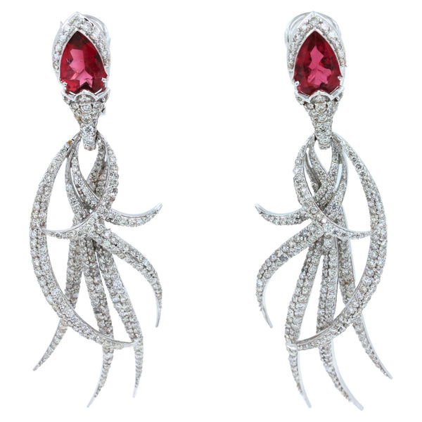 Red Pink Tourmaline Long Feather Diamond Drop 18k White Gold Earrings