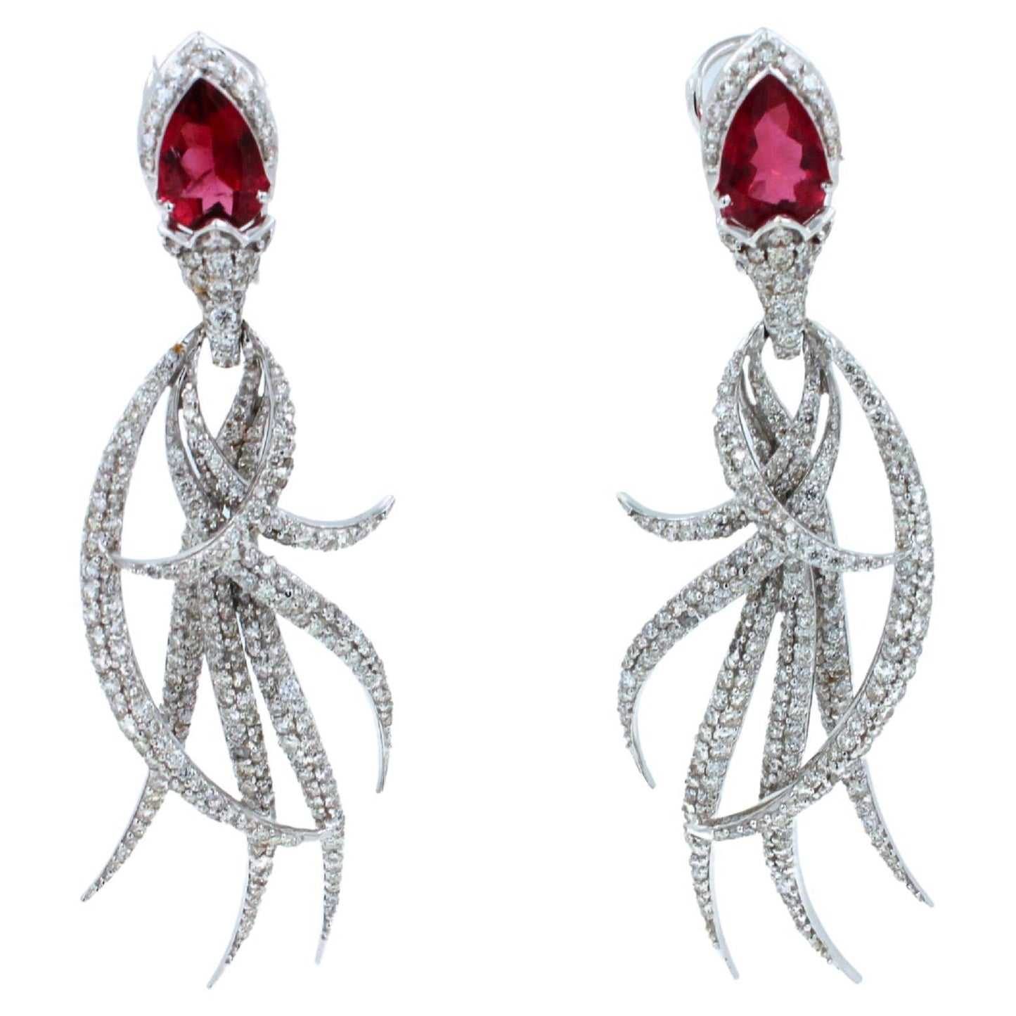 red pink tourmaline long feather diamond drop 18k white gold earrings