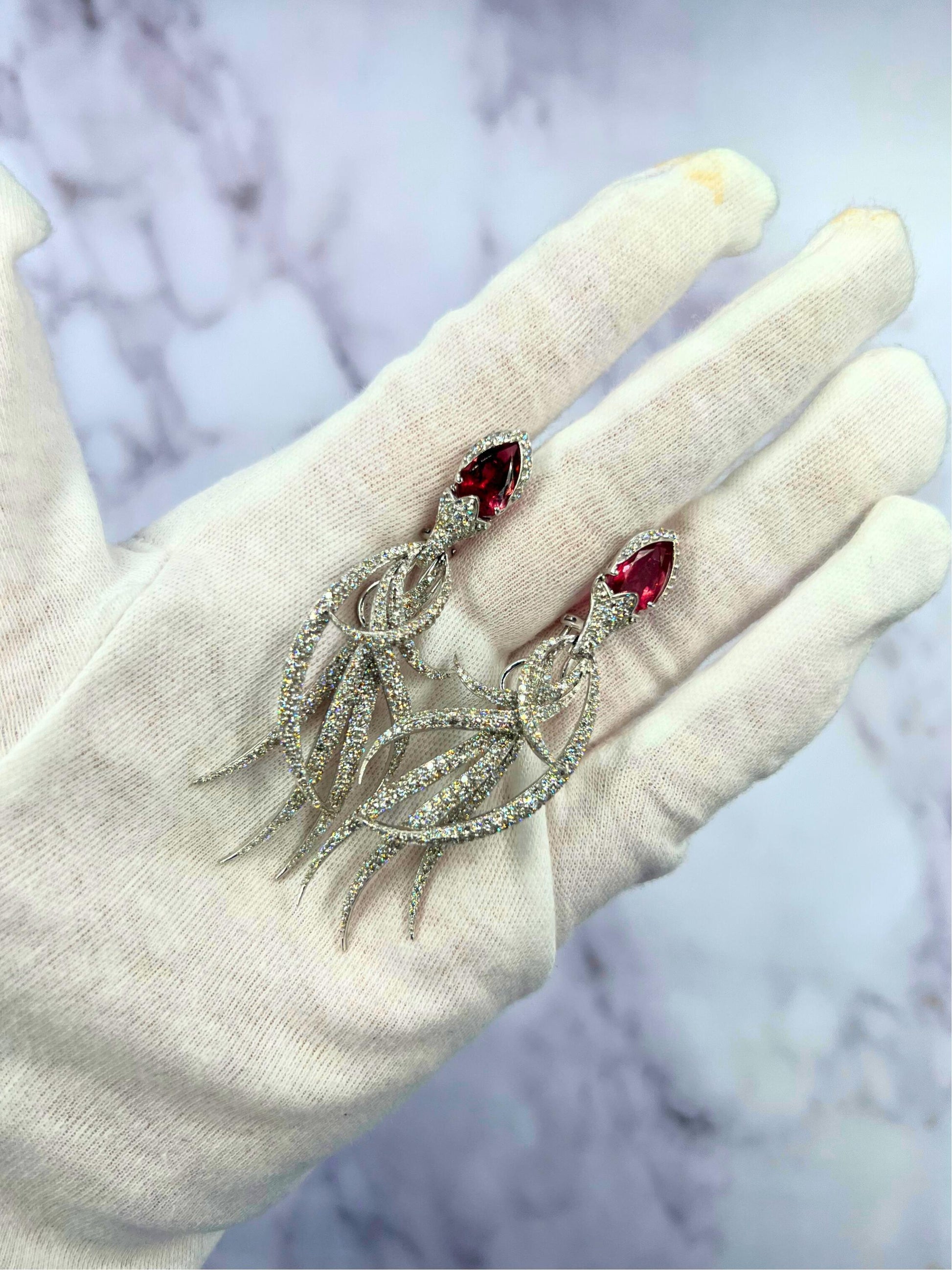 Red Pink Tourmaline Long Feather Diamond Drop 18k White Gold Earrings