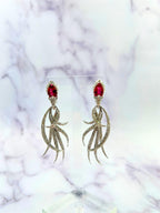 Red Pink Tourmaline Long Feather Diamond Drop 18k White Gold Earrings