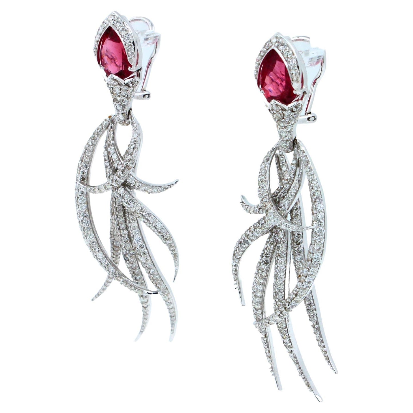 red pink tourmaline long feather diamond drop 18k white gold earrings