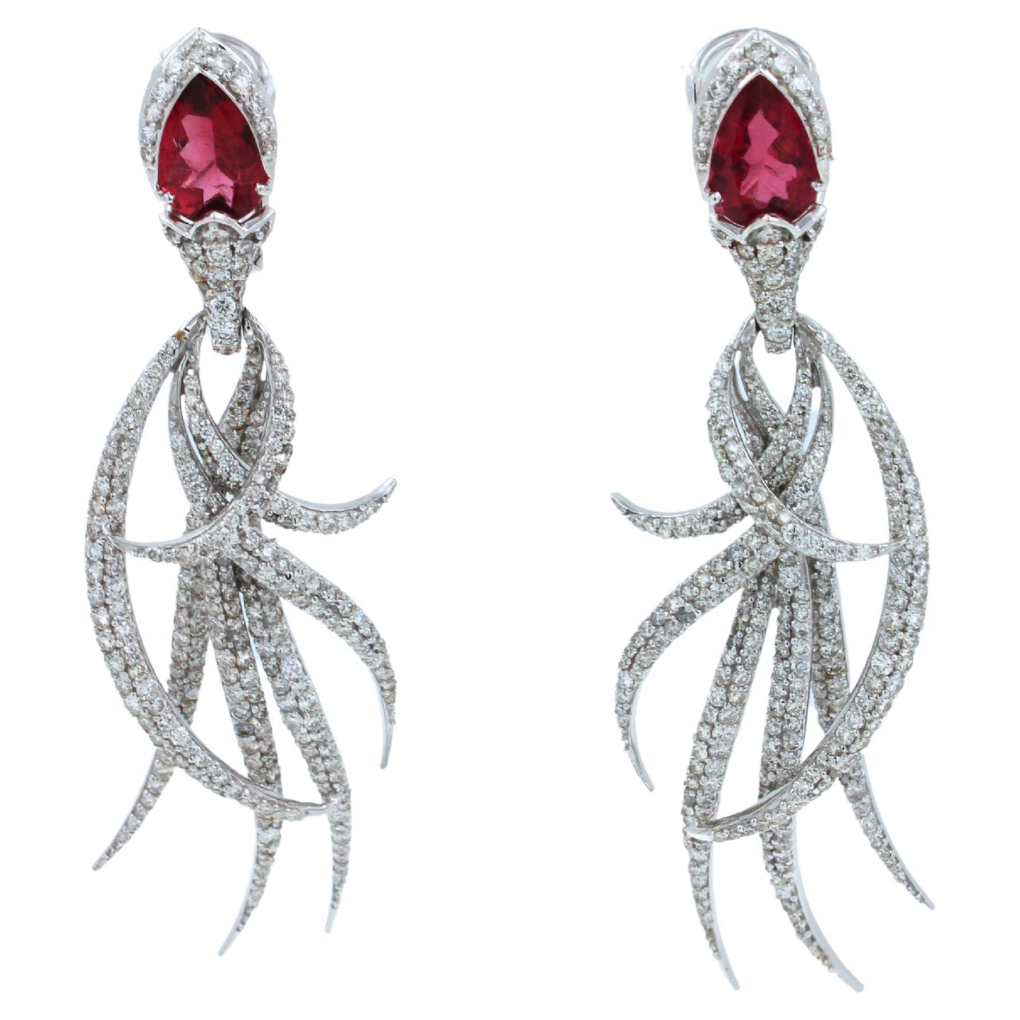 red pink tourmaline long feather diamond drop 18k white gold earrings