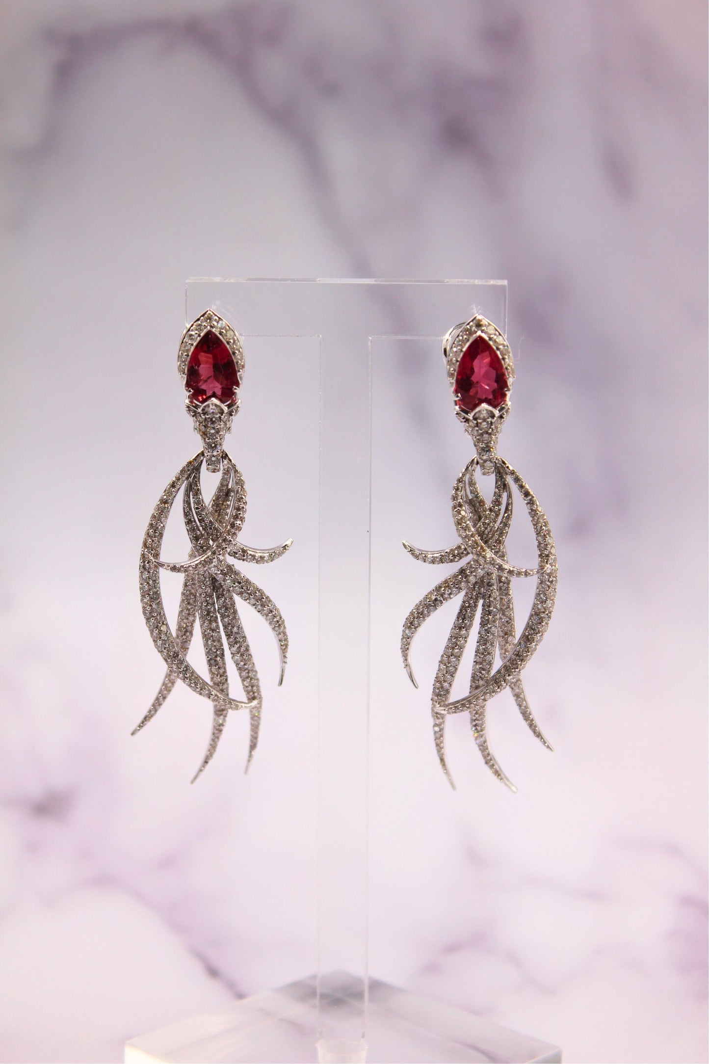 red pink tourmaline long feather diamond drop 18k white gold earrings