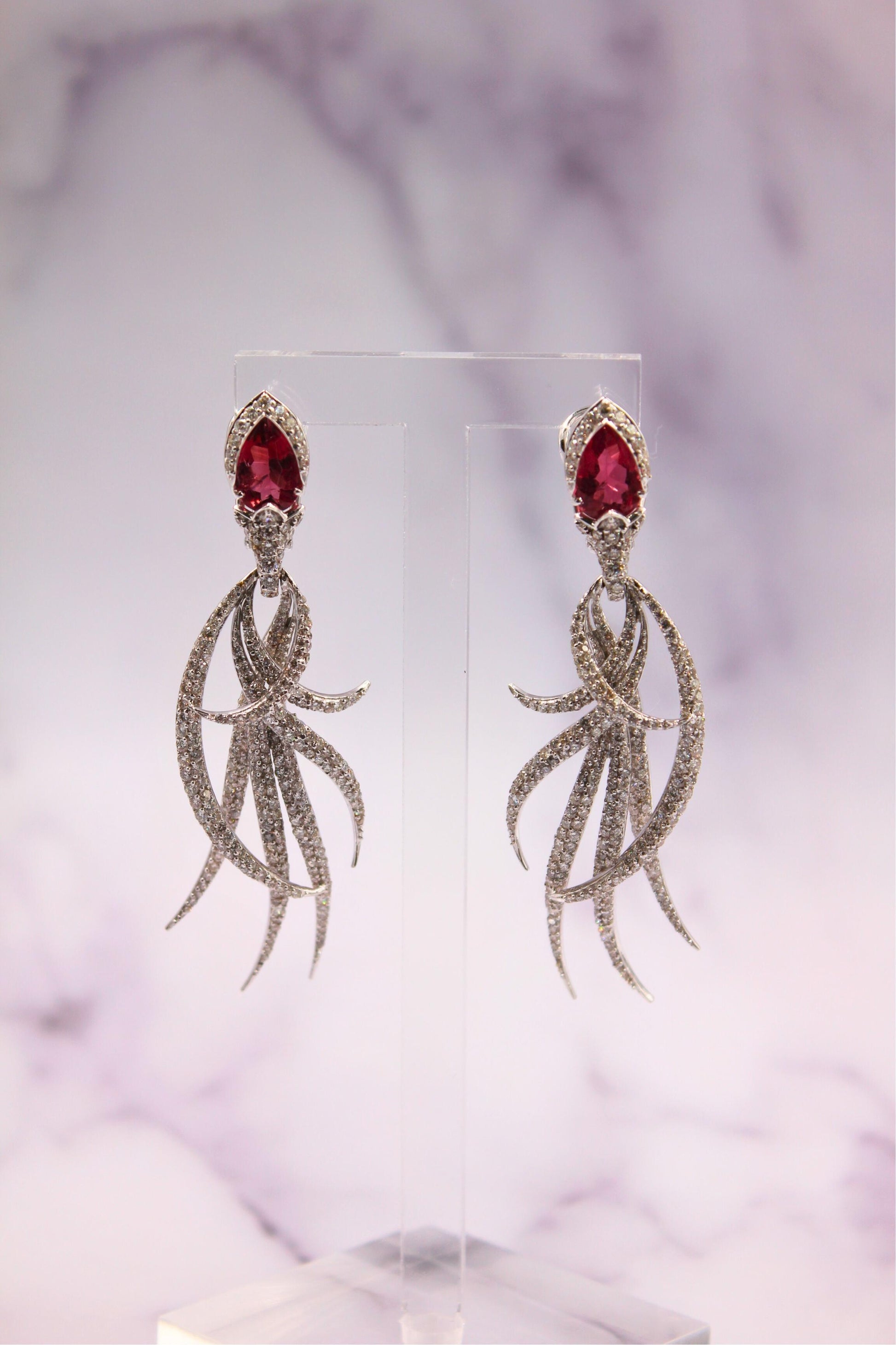 Red Pink Tourmaline Long Feather Diamond Drop 18k White Gold Earrings