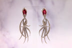 Red Pink Tourmaline Long Feather Diamond Drop 18k White Gold Earrings