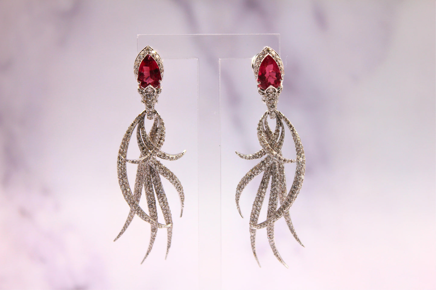 red pink tourmaline long feather diamond drop 18k white gold earrings