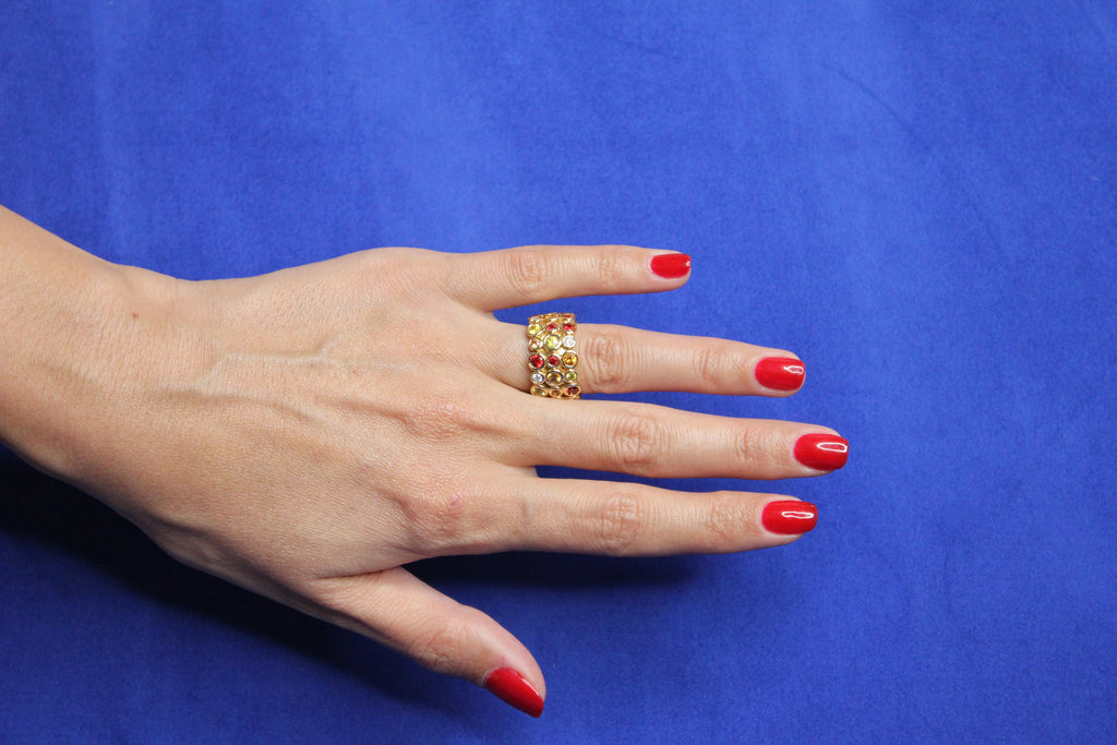 Red Ruby Orange Yellow Sapphire Diamond Eternity Band 18 Karat Yellow Gold Ring