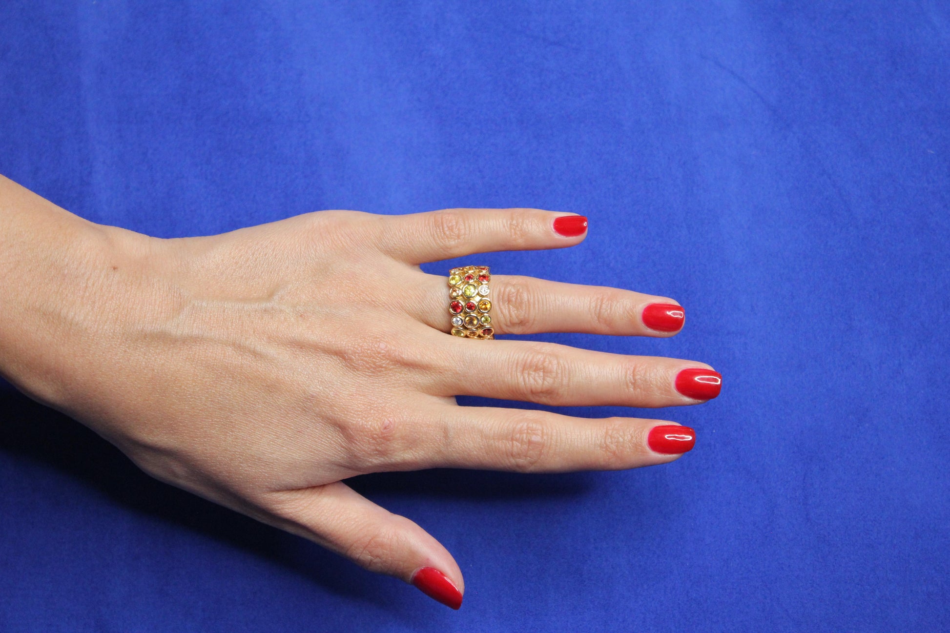 Red Ruby Orange Yellow Sapphire Diamond Eternity Band 18 Karat Yellow Gold Ring
