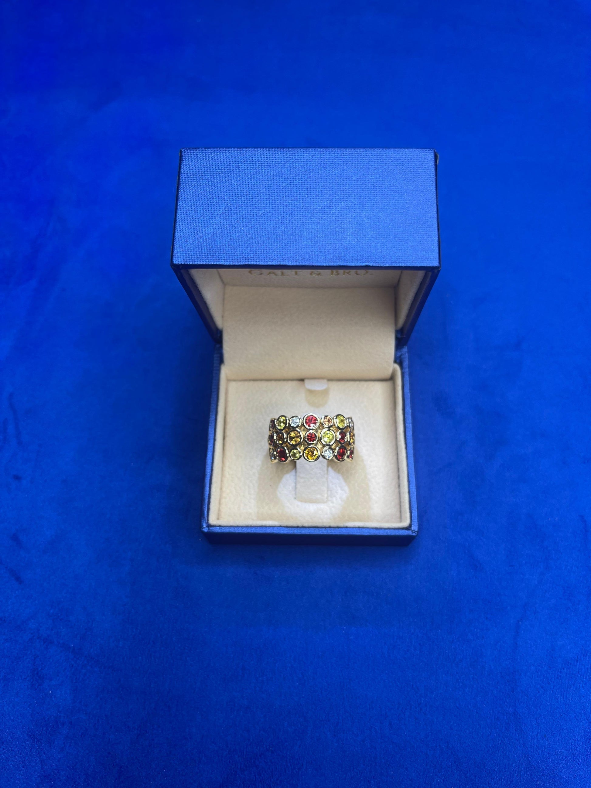 Red Ruby Orange Yellow Sapphire Diamond Eternity Band 18 Karat Yellow Gold Ring