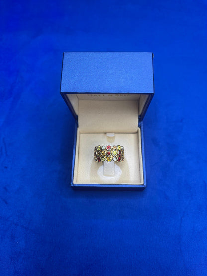 Red Ruby Orange Yellow Sapphire Diamond Eternity Band 18 Karat Yellow Gold Ring