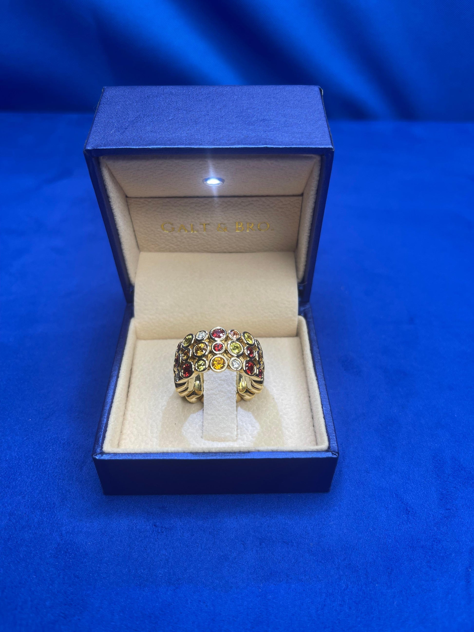 Red Ruby Orange Yellow Sapphire Diamond Eternity Band 18 Karat Yellow Gold Ring