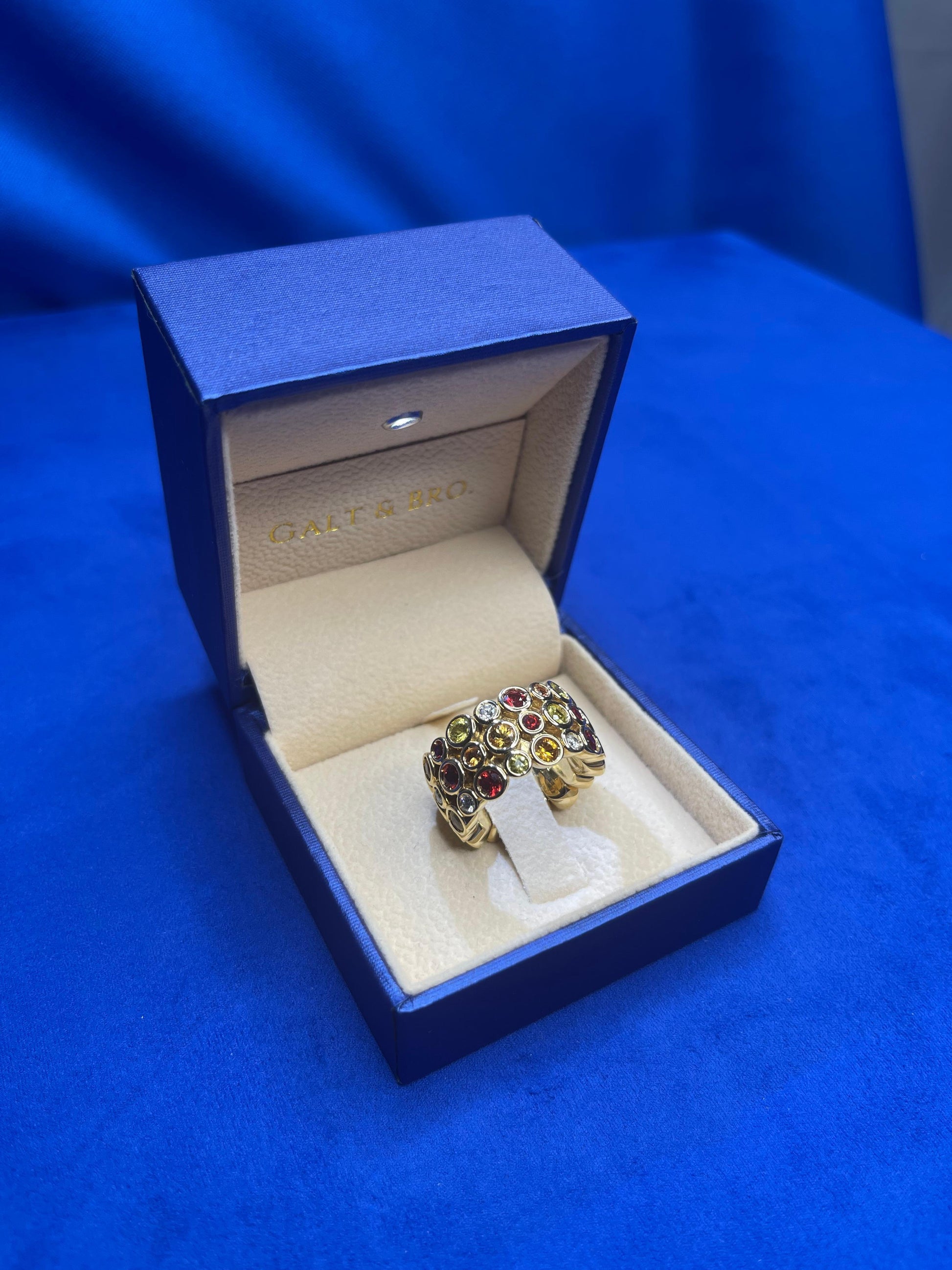 Red Ruby Orange Yellow Sapphire Diamond Eternity Band 18 Karat Yellow Gold Ring
