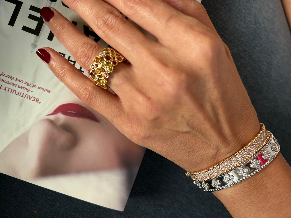 Red Ruby Orange Yellow Sapphire Diamond Eternity Band 18 Karat Yellow Gold Ring