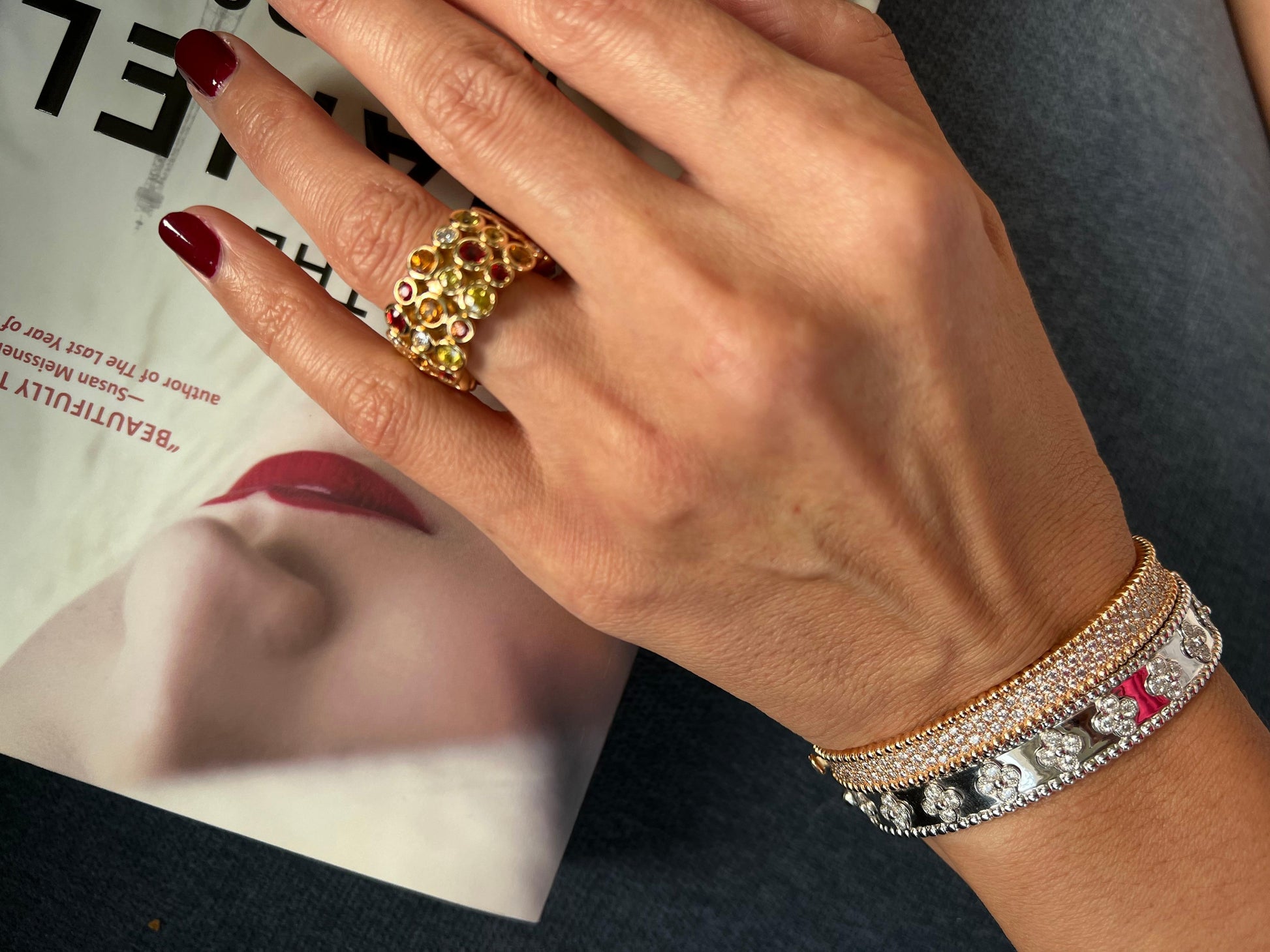 Red Ruby Orange Yellow Sapphire Diamond Eternity Band 18 Karat Yellow Gold Ring