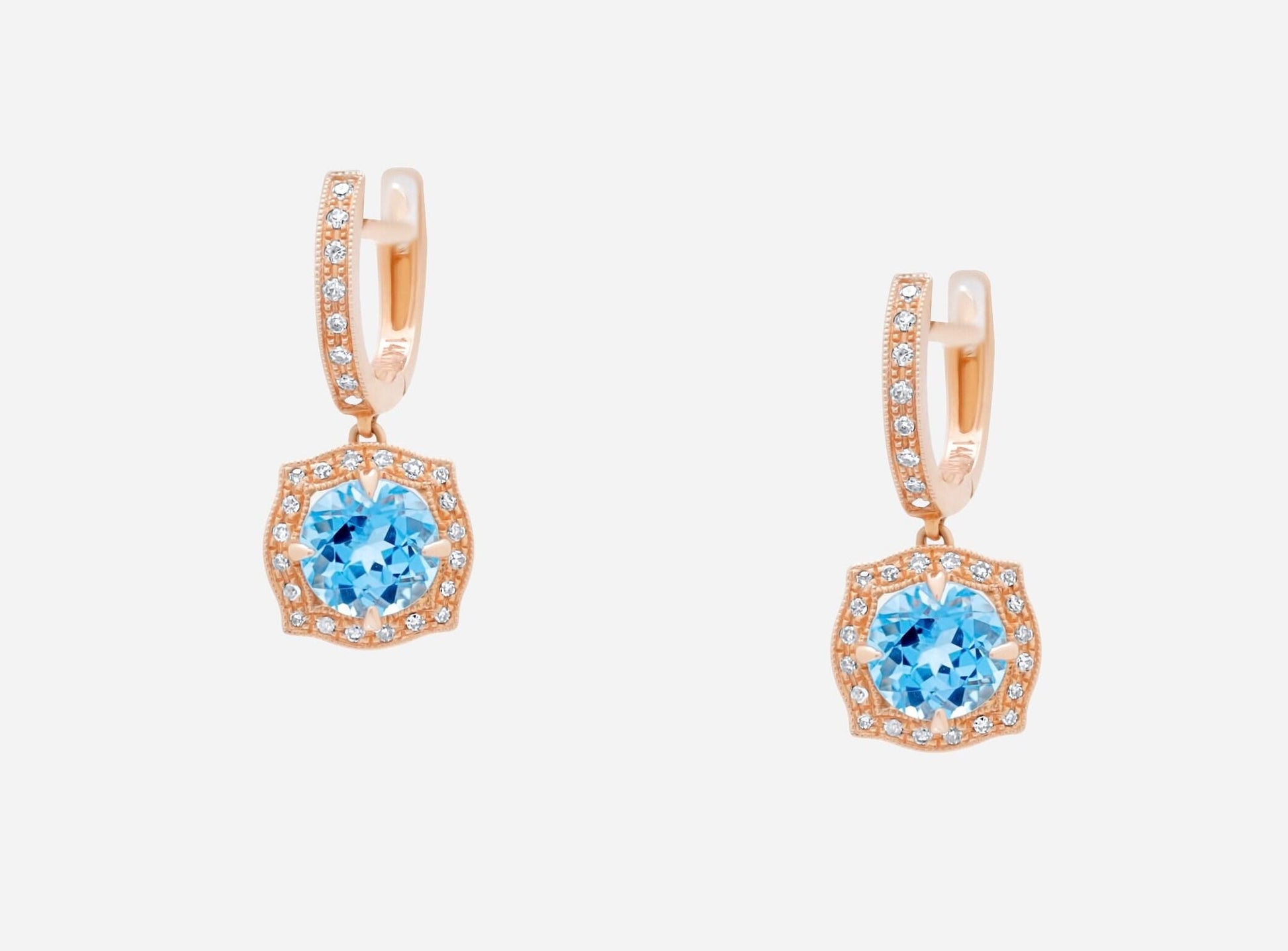 Round Brilliant Cut Blue Topaz Diamond Halo 14 Karat Rose Gold Huggie Drop State