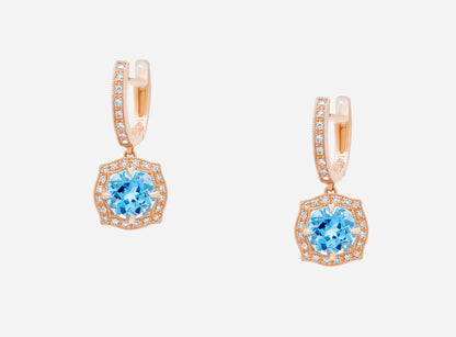 Round Brilliant Cut Blue Topaz Diamond Halo 14 Karat Rose Gold Huggie Drop State