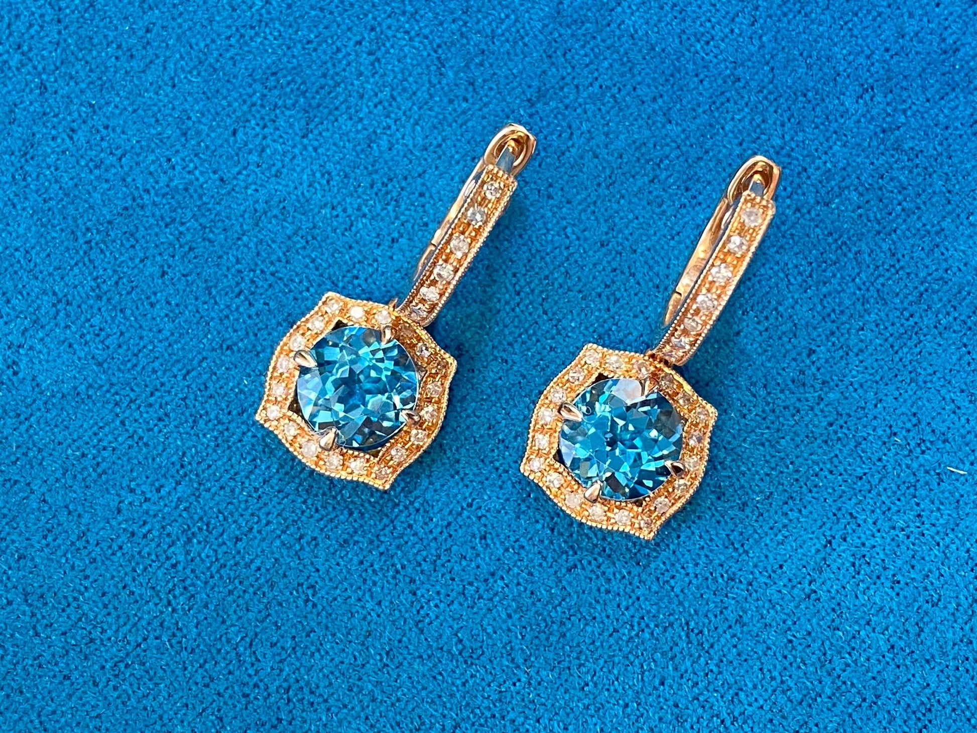 Round Brilliant Cut Blue Topaz Diamond Halo 14 Karat Rose Gold Huggie Drop State