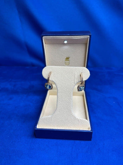 Round Brilliant Cut Blue Topaz Diamond Halo 14 Karat Rose Gold Huggie Drop State