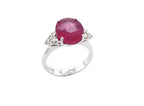 Round Rubellite Pink Tourmaline Diamond Three Stone 18 Karat White Gold Ring