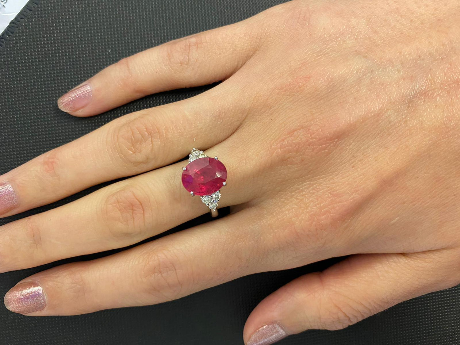 Round Rubellite Pink Tourmaline Diamond Three Stone 18 Karat White Gold Ring