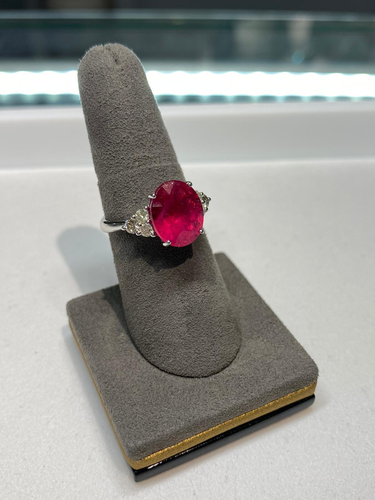 Round Rubellite Pink Tourmaline Diamond Three Stone 18 Karat White Gold Ring