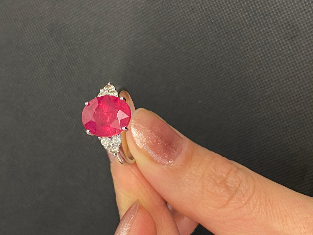 Round Rubellite Pink Tourmaline Diamond Three Stone 18 Karat White Gold Ring