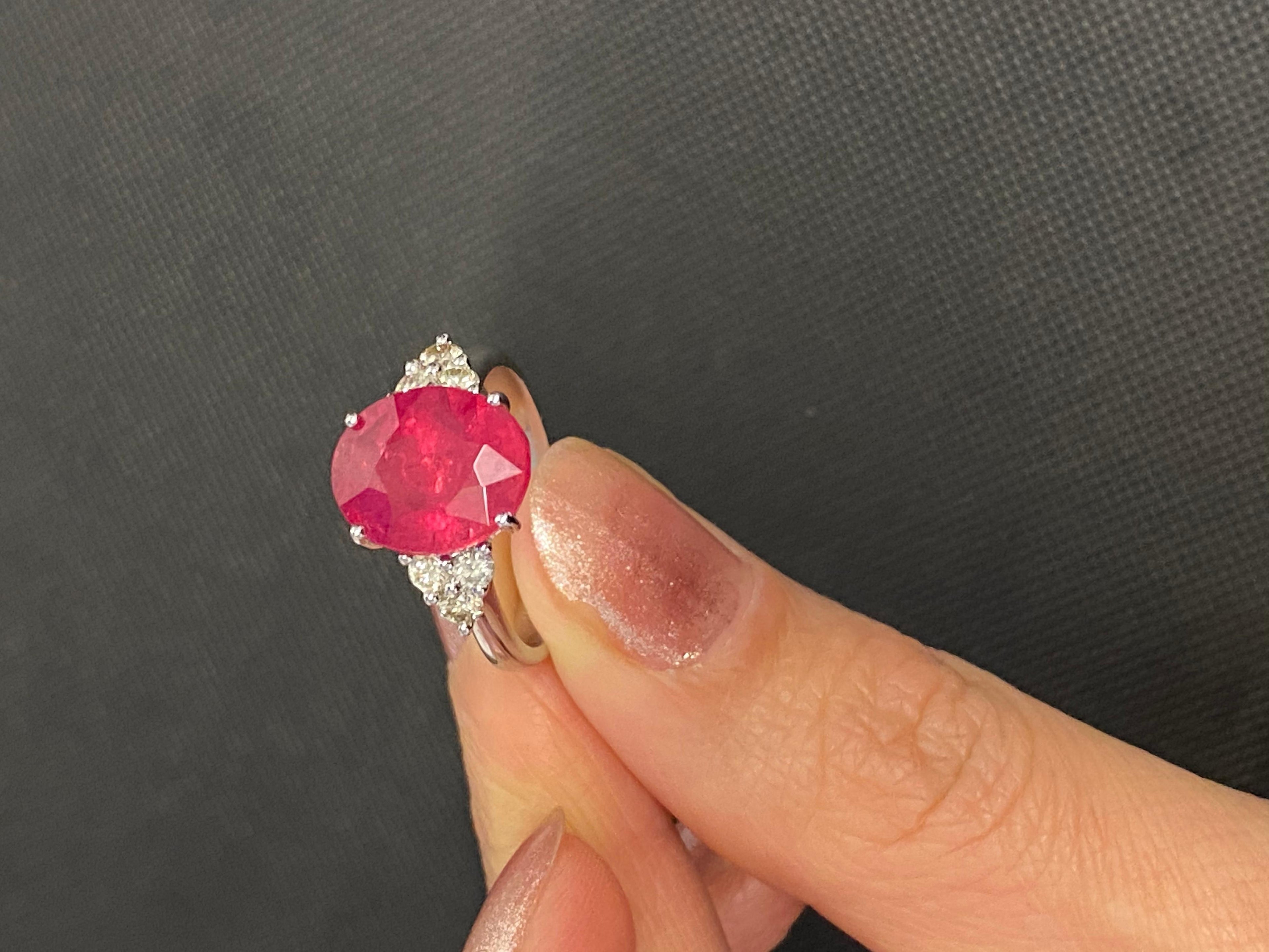 Round Rubellite Pink Tourmaline Diamond Three Stone 18 Karat White Gold Ring