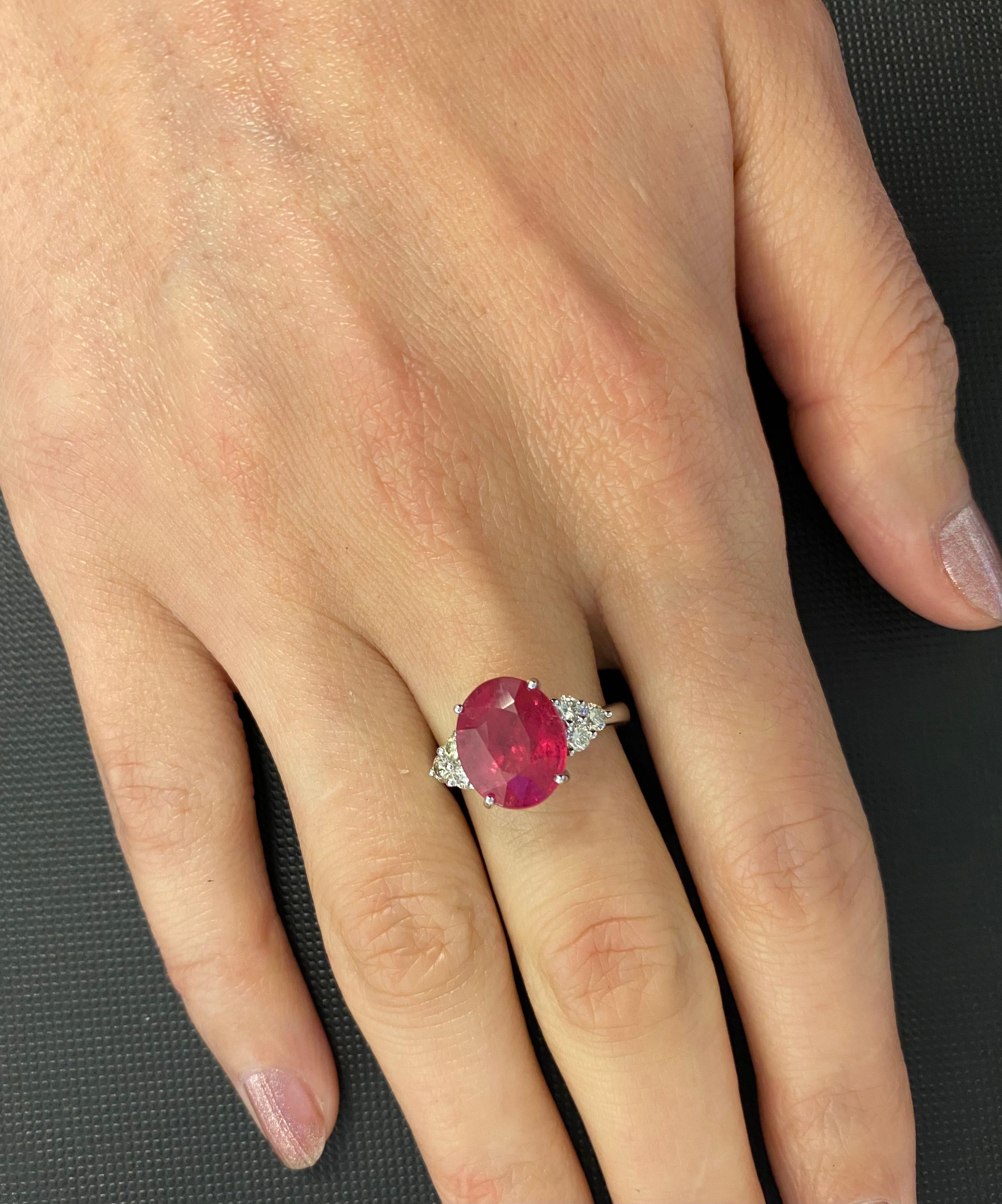 Round Rubellite Pink Tourmaline Diamond Three Stone 18 Karat White Gold Ring