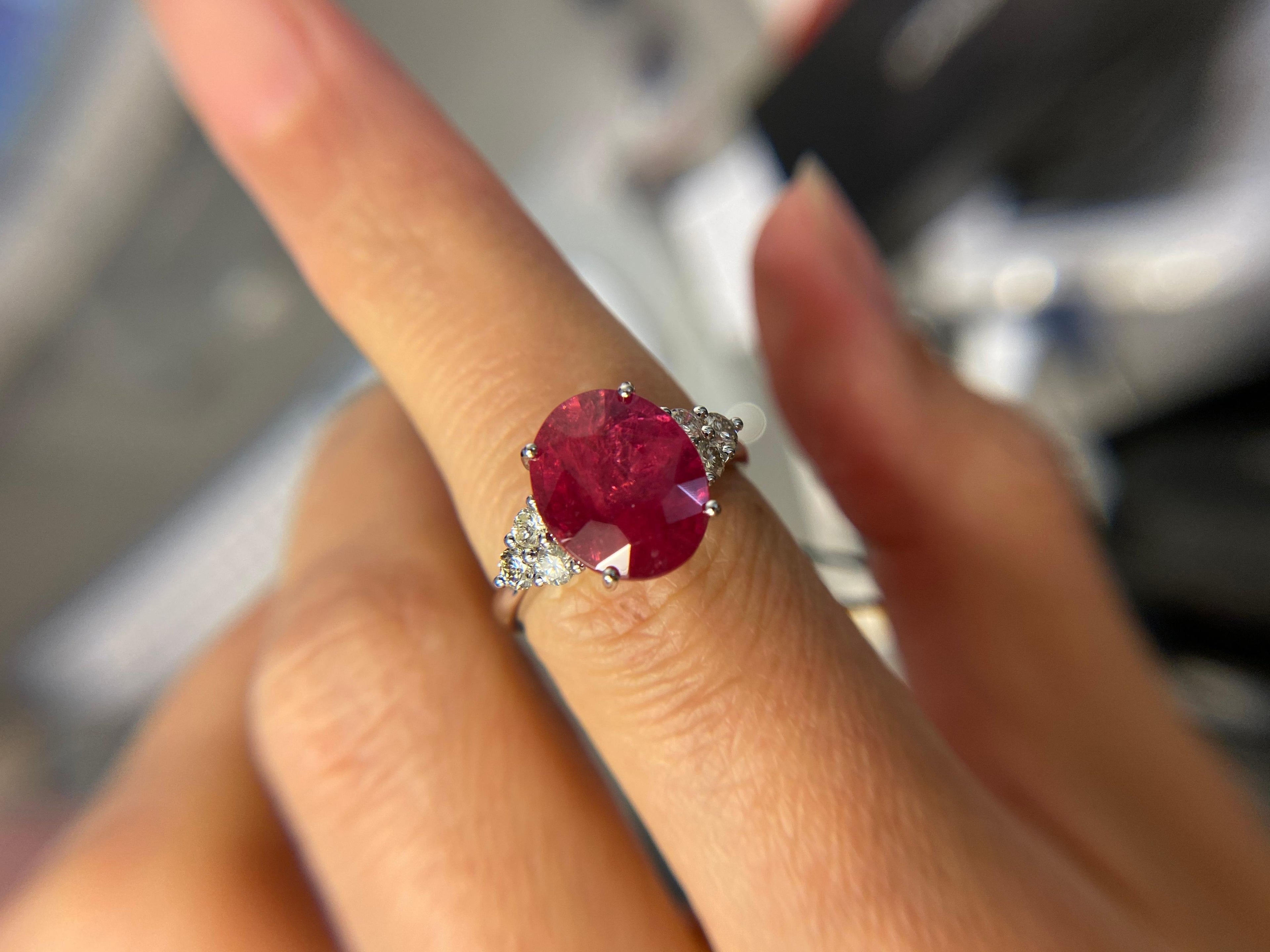 Round Rubellite Pink Tourmaline Diamond Three Stone 18 Karat White Gold Ring