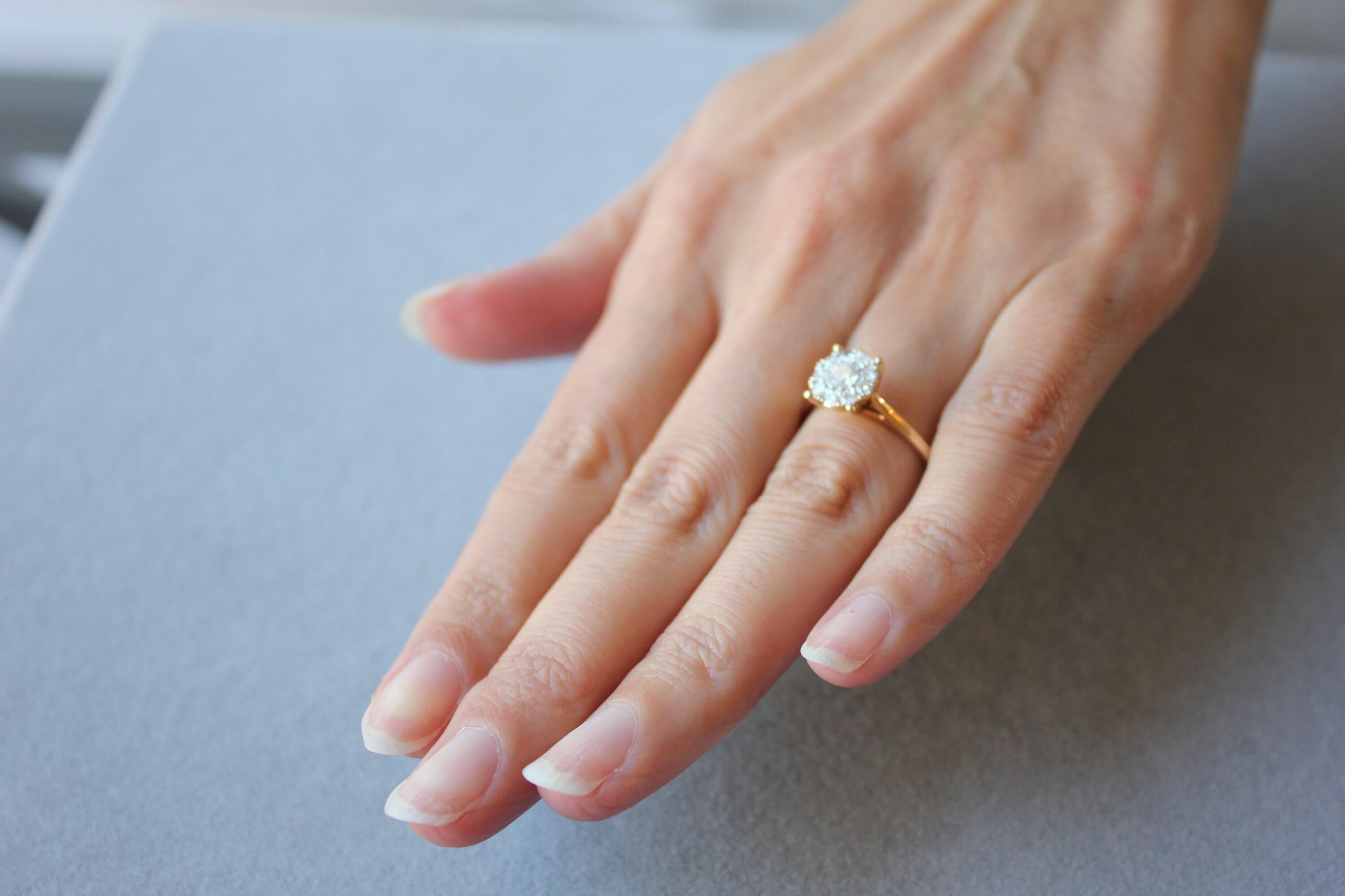 Round White Brilliant Cut Diamond Pave Halo Set Illusion 14K Yellow Gold Classic