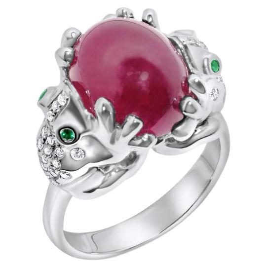 Rubellite Pink Tourmaline Diamond Pave Double Frog 18 Karat White Gold Ring