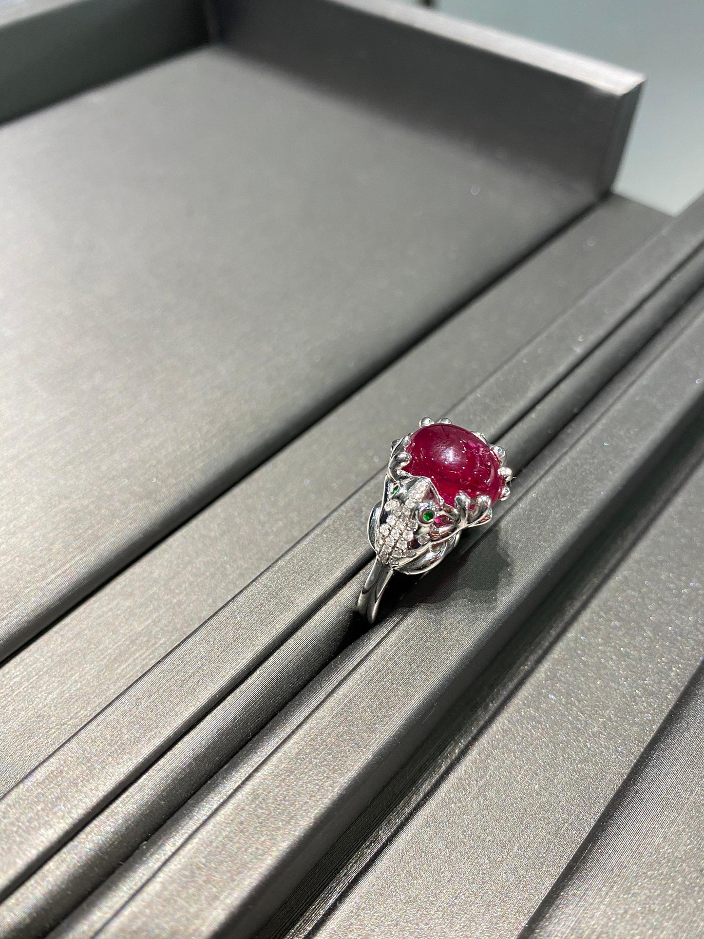 rubellite pink tourmaline diamond pave double frog 18 karat white gold ring