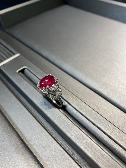 Rubellite Pink Tourmaline Diamond Pave Double Frog 18 Karat White Gold Ring