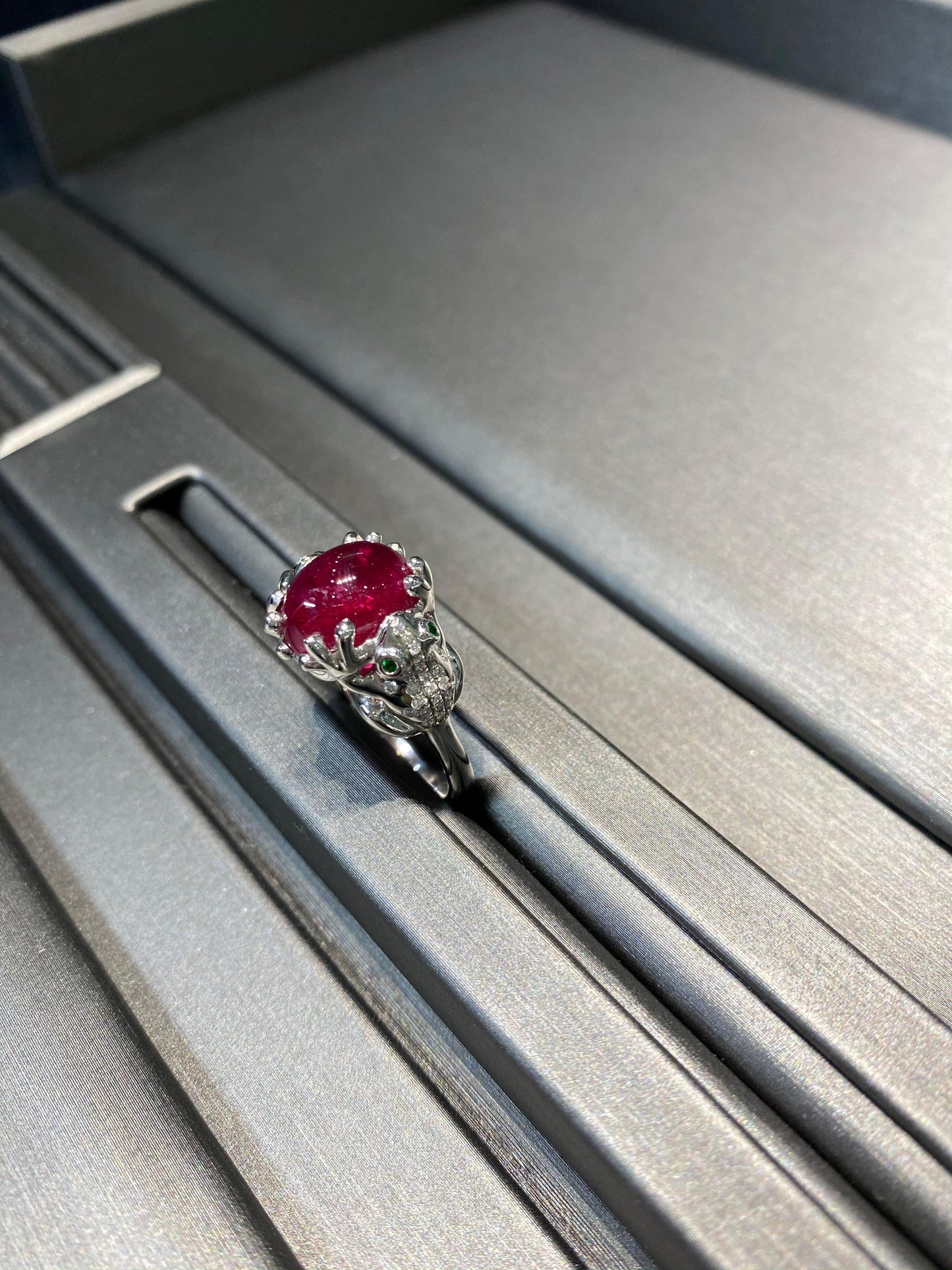 rubellite pink tourmaline diamond pave double frog 18 karat white gold ring
