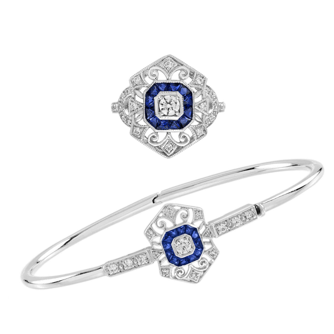 Diamond Sapphire Edwardian Style Openwork Bangle Bracelet & Ring Jewelry Set