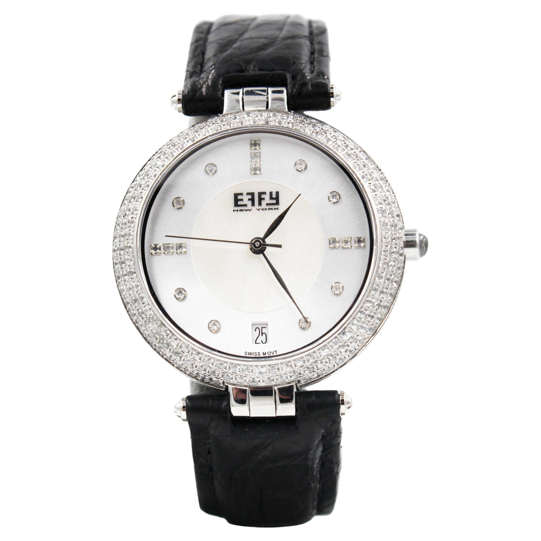 Sapphires &amp; Diamonds Pave Dial Luxury Swiss Quartz Exotic Leather Band Watch