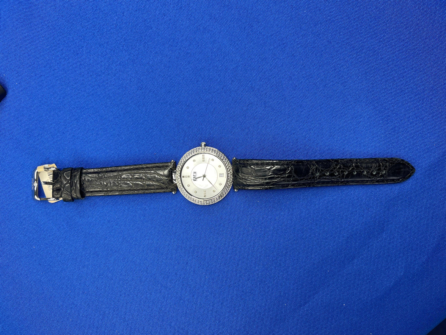 Sapphires &amp; Diamonds Pave Dial Luxury Swiss Quartz Exotic Leather Band Watch