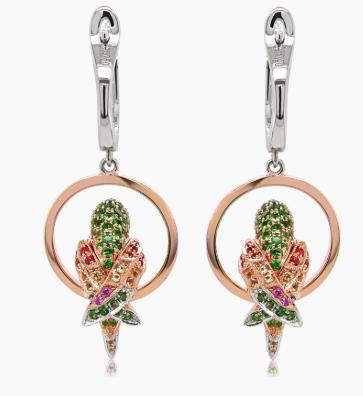 multicolor sapphire & green garnet & diamond parrot bird 18k two tone earrings