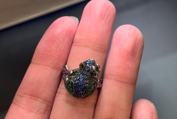 Blue Sapphire Pave & Green Tsavorite Frog 18K White Gold Statement Animal Ring