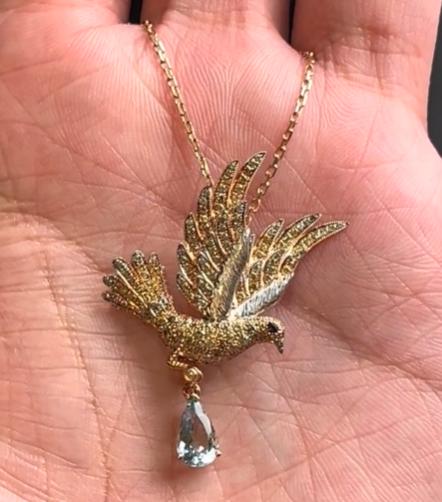 Aquamarine & Ruby & Diamond Pave Dove Bird 18K Two Tone Gold Pendant Necklace